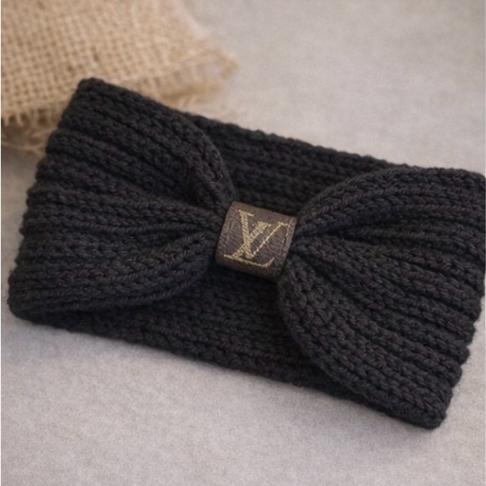 Louis Vuitton Upcycled Black Ribbed Knit Bow Headband – Authentic Leather Patch